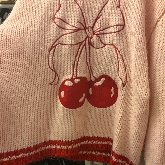 Pink Lily Pink and Red Bow Cherry Chunky Knit Sweater - Picture 4 of 4